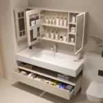 Modern bathroom vanity featuring open mirror cabinet showing toiletries, spacious sink, and organized drawers.