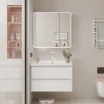 Contemporary bathroom setup featuring a sleek white vanity with drawers, topped by a lit mirror cabinet and minimalist decor.