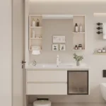 Elegant bathroom setting featuring a vanity with storage drawers and a mirror cabinet surrounded by shelves, complemented by soft lighting.