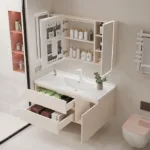 Modern bathroom vanity with open drawers and mirrored cabinets displaying toiletries in an elegant, beige-toned setting.