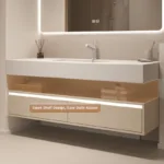 Contemporary bathroom vanity featuring an open shelf for easy daily access. Includes a mirror, a faucet, and sleek cabinetry.