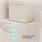 Bathroom vanity with smooth rounded corners emphasized by lighting for safer design.