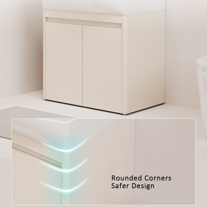 Bathroom vanity with smooth rounded corners emphasized by lighting for safer design.