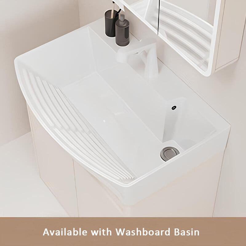 White bathroom vanity with a washboard basin and built-in faucet, accompanied by two black soap dispensers.