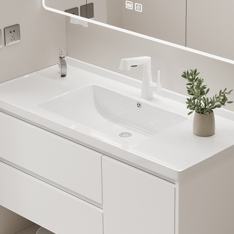 Sleek white bathroom vanity with integrated sink, chrome faucet, and a small plant in a vase on the countertop.