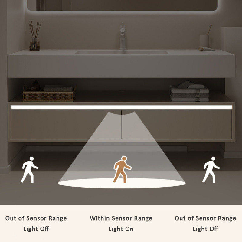 Bathroom vanity with sensor-activated lighting showing light on within sensor range and off outside range.
