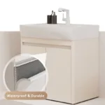 White bathroom vanity with waterproof and durable material, featuring a faucet and toiletries. Close-up inset shows honeycomb texture detail.