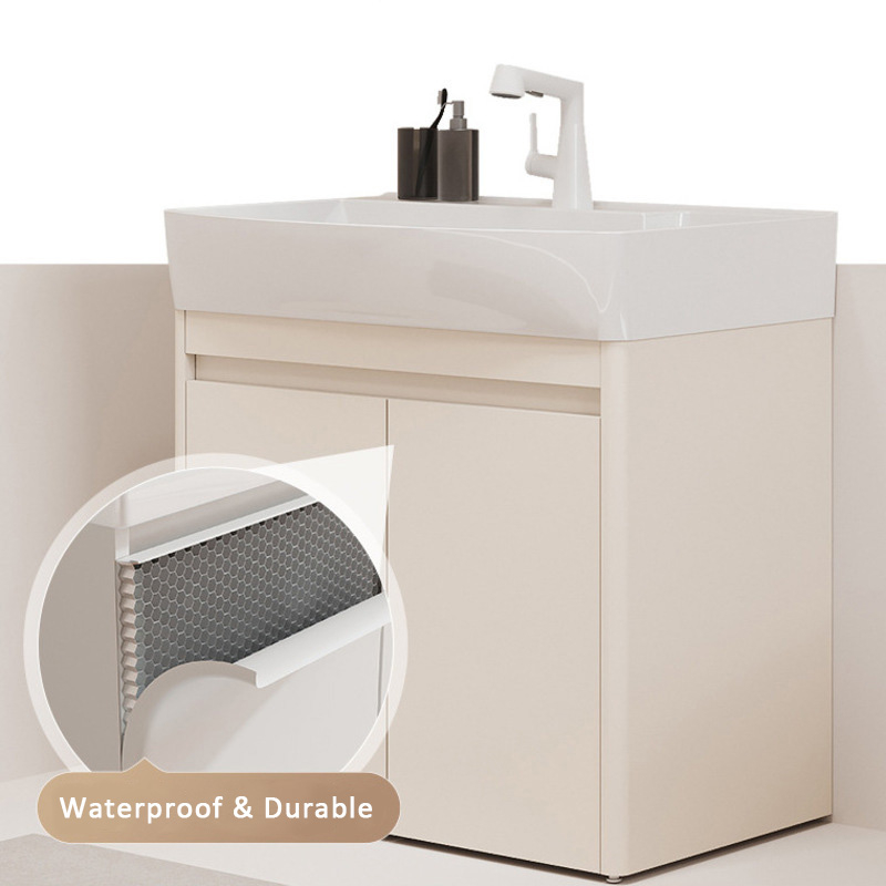 White bathroom vanity with waterproof and durable material, featuring a faucet and toiletries. Close-up inset shows honeycomb texture detail.