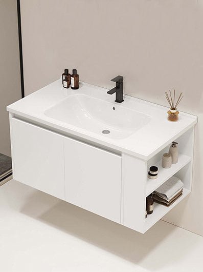 White Wall Mounted Bathroom Vanity Cabinet with Side Open Shelf - OEM Wholesale