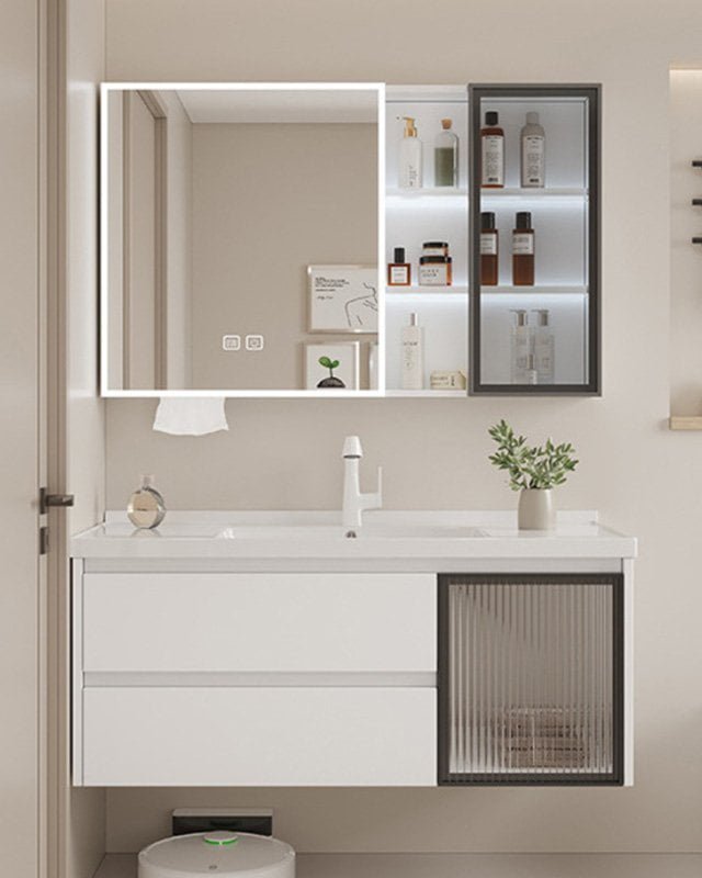 Complete white bathroom vanity set with cabinet, basin and mirror